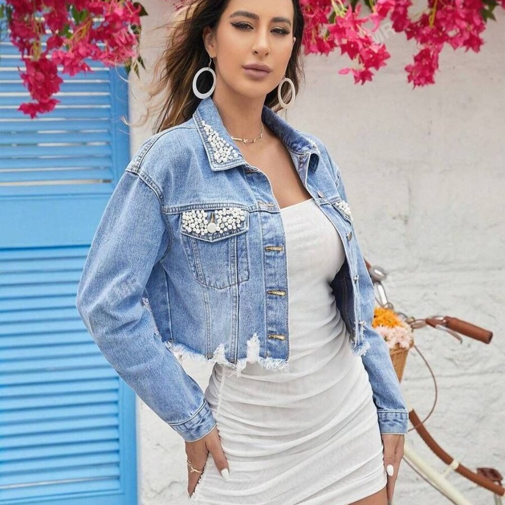 SHEIN Light Blue Distressed Jean Jacket with Pearl Details